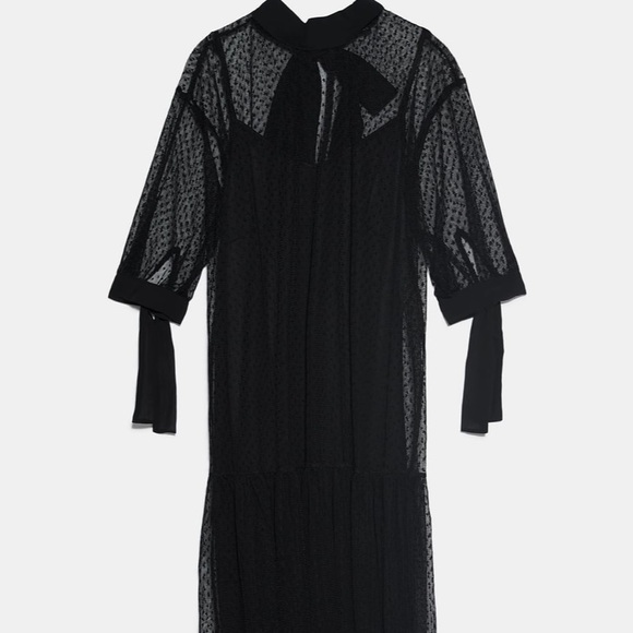 Zara Black Swiss Dot Midi Dress with Tie Dress - Picture 7 of 8